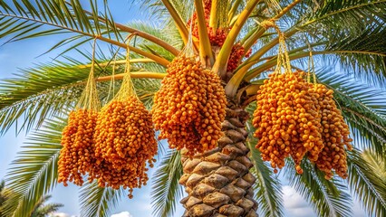 Date palm tree with ripe dates hanging, Arecaceae family plant, date palm, Phoenix dactylifera, Arecaceae, fruit, tree