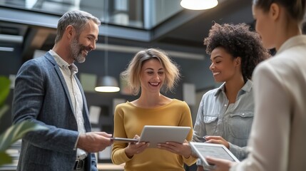 Group of diverse professionals collaborating in a modern office setting while using digital devices during a brainstorming session