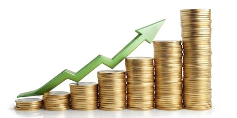 Dollar bills and coins stacking up next to an ascending arrow, representing financial growth.