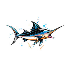 A vector illustration of a swordfish silhouette in a vivid blue, orange and black color scheme with a white background.