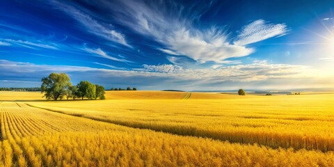 A serene landscape of golden fields under a clear blue sky , agriculture, rural, countryside, farm, meadow, nature