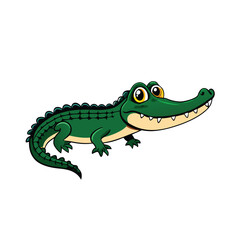 Naklejka premium Cartoon illustration of a green alligator with yellow eyes, white teeth, and a green, scaled body, on a white background.