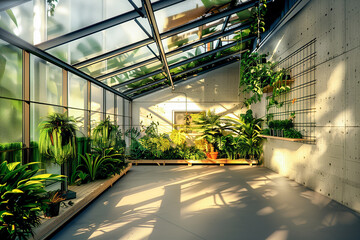A large room with a lot of plants and a lot of sunlight
