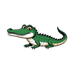 A cartoon illustration of a green alligator with a toothy grin and large, bright eyes.