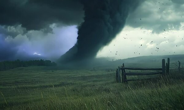 An epic tornado forms over a rural landscape, twisting with immense force.