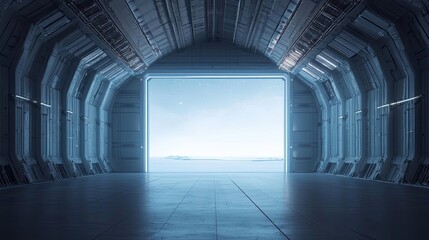 Futuristic Hangar Bay with Open Door and View of a Distant Planet