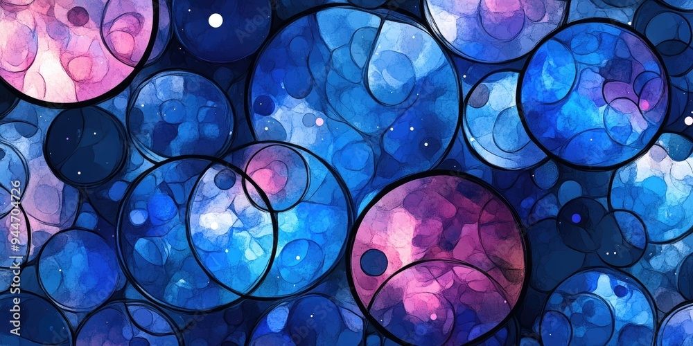 Poster Seamless Pattern of Watercolor Galaxy in Circles and Black Lines in a 3D cartoon rendering