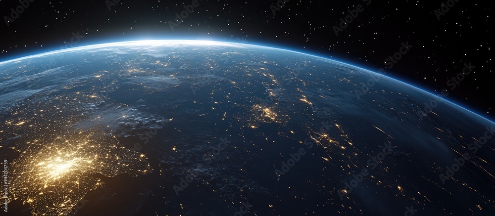 Poster Nighttime view of planet Earth in 3D cartoon rendering from space