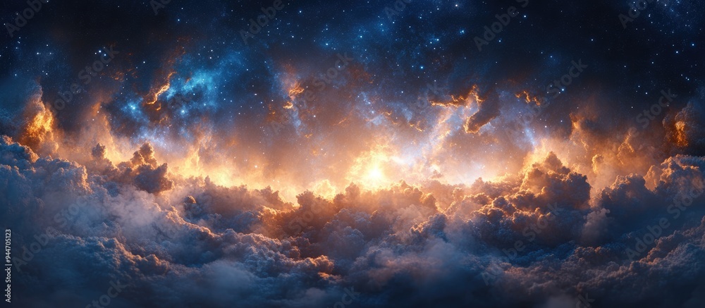 Poster 360 degree interstellar cloud of dust and gas depicted in 3D cartoon rendering Space background featuring a glowing nebula and stars Environment includes 360deg HDRI map in equirectangular project
