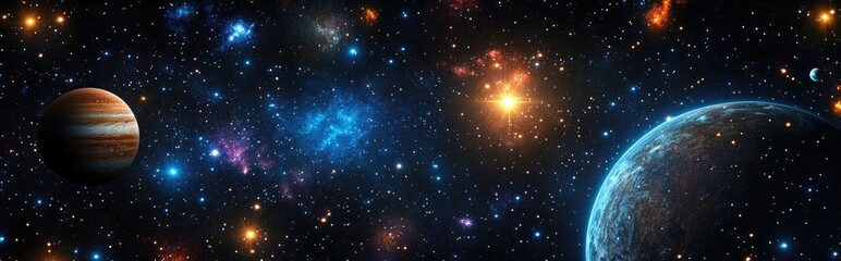 Obraz premium A 2D illustration rendered in 3D featuring a realistic star pattern background showcasing deep interstellar space with bright stars planets and moons Diverse science fiction inspired backdrops and