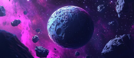 Naklejka premium Abstract space illustration featuring a stone planet surrounded by stars nebulae and satellites designed in a 3D cartoon rendering style