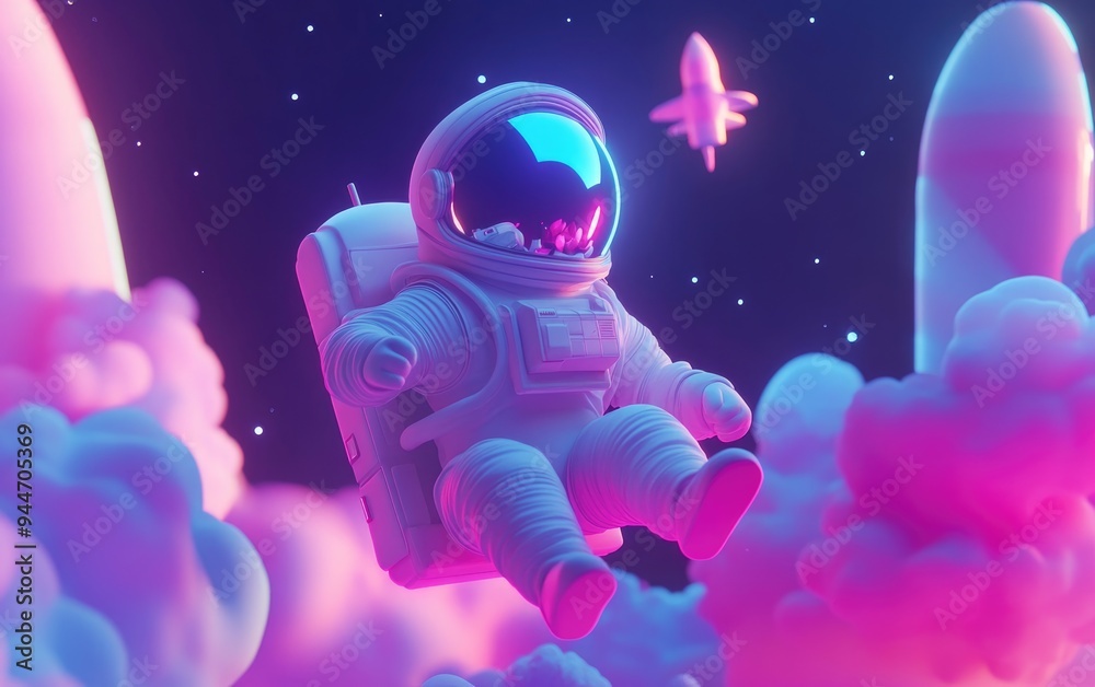 Aufkleber Space travel concept featuring a floating astronaut a spaceship takeoff and a 3D cartoon rendering of a ship in space presented as a collage art