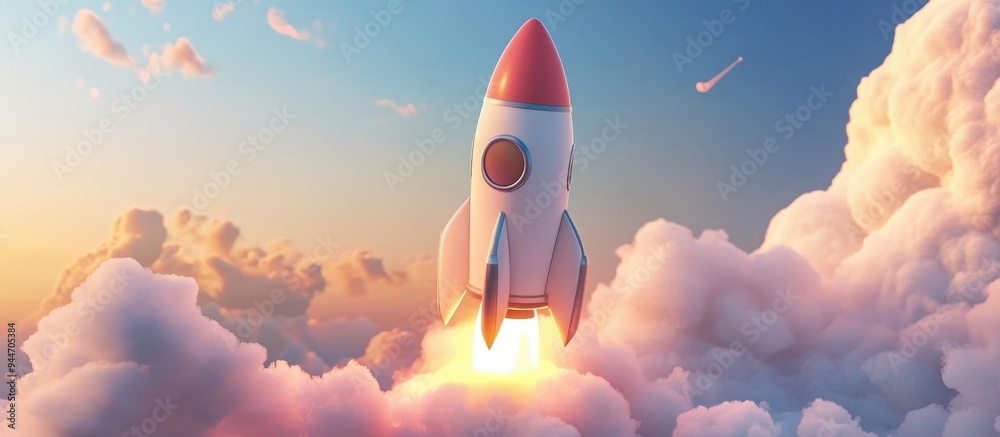 Aufkleber modern space rocket in a beautiful cloudy sky 3d cartoon rendering
