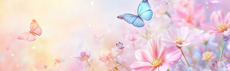Floral abstract pastel background in a soft style featuring colorful cosmos flowers and butterflies ideal for wedding or Valentine s Day cards with space for spring or summer messaging