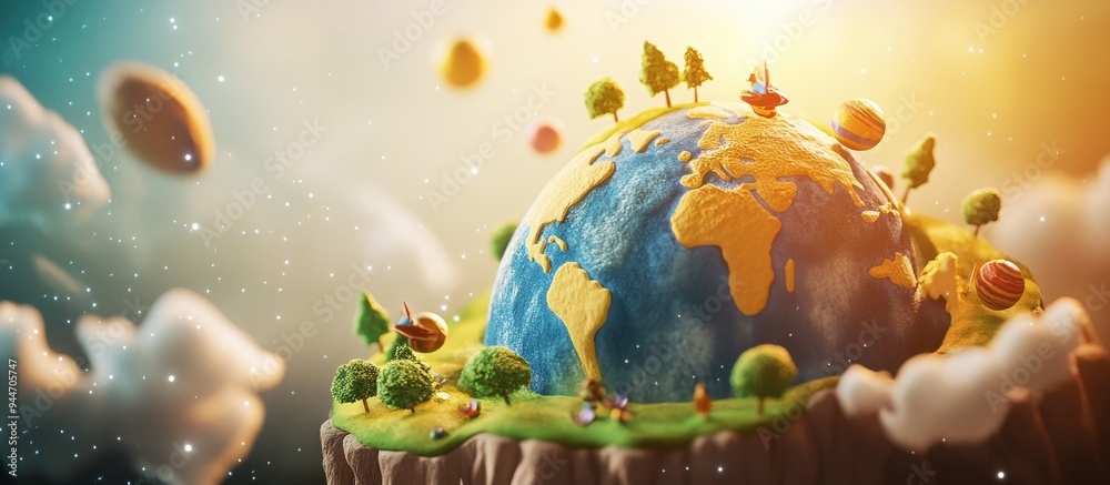 Poster cartoon rendering of a 3d planet