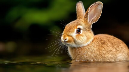 Fototapeta premium A cute rabbit wading through calm water, showcasing its soft fur and curious expression amidst a natural green background.