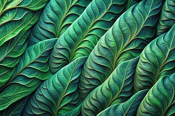 Fototapeta premium Lush green leaves create a stunning texture tapestry in the early morning light, showcasing nature’s intricate designs and the vibrant life of the tropical rainforest. Generative AI
