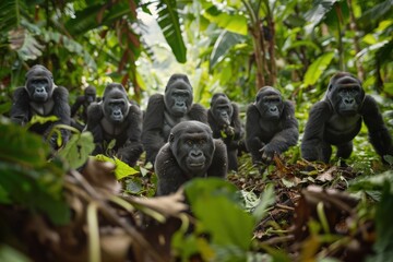 Obraz premium a silverback gorilla leading its troop through lush jungle foliage. Ideal for nature documentaries and educational exhibits about endangered species.