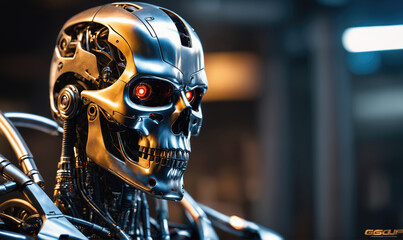 Fototapeta premium A metallic robot with red eyes stares intently into the distance