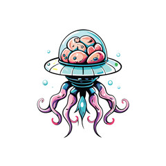 A realistic vector artwork of an extraterrestrial creature inside a flying saucer.