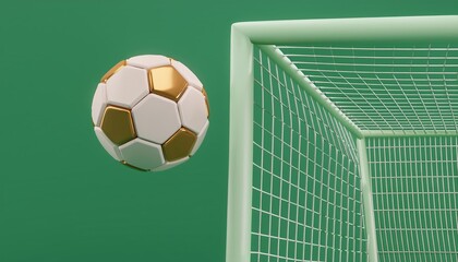 3D golden and white soccer ball flying towards the goal, 3D Illustration