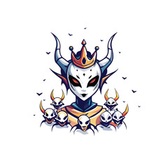 Create a realistic vector illustration of an alien queen wearing a golden crown, with two horns and a white, black, and blue mask.  She is standing in front of a group of five smaller aliens.