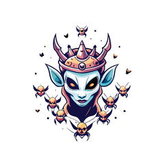 Create a realistic vector depiction of an alien queen with a crown, pointed ears, and large, glowing eyes surrounded by smaller aliens.