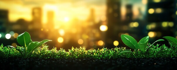 Close-up of lush green plants against a vibrant sunset city skyline, symbolizing nature's beauty in an urban environment.