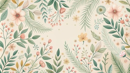 Soft color botanical pattern with delicate leaves and flowers, botanical, soft color, pattern, leaves, flowers, nature
