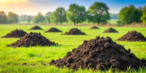 Mound of molehills on background, molehills, dirt piles, underground tunnels, wildlife, rodents