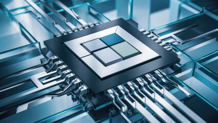 Fototapeta premium Futuristic Abstract Block Diagram of a Microchip with Square Design, Representation of Electronic Components and Computing Units, 3D Rendered Illustration with Glass Technology Background