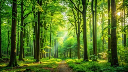 Obraz premium Lush green forest with tall trees and abundant foliage, nature, trees, foliage, greenery, environment, oxygen, ecosystem, wildlife