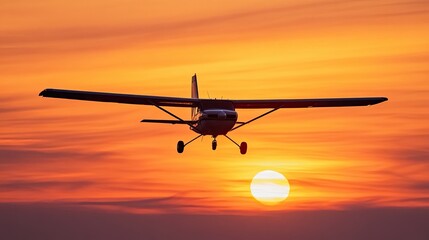 Silhouette of a Small Plane Flying into the Sunset