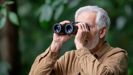 An elderly man birdwatching with binoculars in a nature reserve, deeply engaged in his hobby, birdwatching, retired man, nature connection