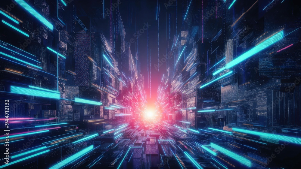 Poster futuristic digital cityscape with vibrant neon lights, showcasing streams of binary code and cutting