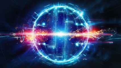 Obraz premium Futuristic blue energy sphere featuring high-tech light effects, digital elements, and vibrant energy particles. Abstract cosmic background.
