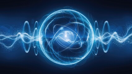 Futuristic blue energy sphere with dynamic waves and particle lines, representing atomic energy and electricity. Abstract background design.