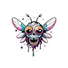 Vector illustration of a grotesque alien with multiple eyes, a skull-like face, sharp teeth, and wings, dripping purple and blue slime.