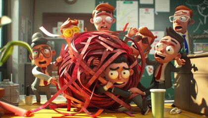 Cartoon characters trapped in red tape
