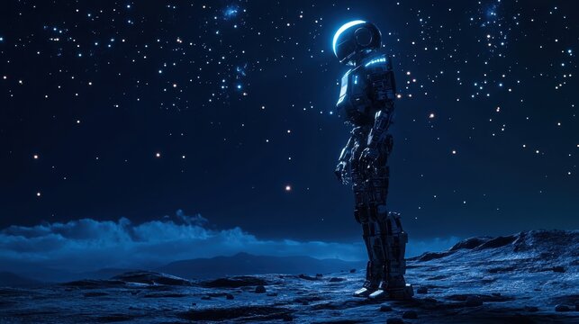 Futuristic Robot Standing on a Desolate Planet Under a Starry Night Sky
