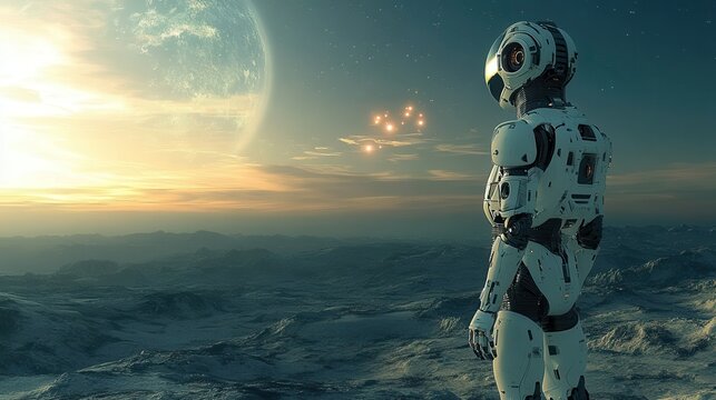 Futuristic Robot Standing on Alien Planet at Sunset