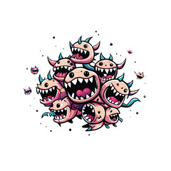 Vector illustration of a swarm of tiny mischievous cartoon monsters with big teeth and wide eyes.