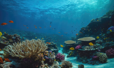 Fototapeta premium A vibrant coral reef teeming with life, showcasing a variety of colorful fish and diverse coral formations