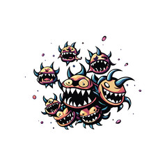 Vector illustration of a swarm of tiny mischievous cartoon monsters with sharp teeth and horns.