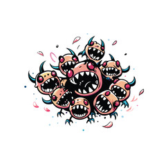 A vector illustration of a swarm of tiny mischievous monsters with sharp teeth, red eyes, and blue horns.