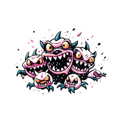 Vector illustration of a swarm of tiny mischievous monsters with sharp teeth and horns.