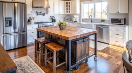 kitchen with a rolling island.