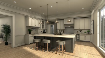 Fototapeta premium open-concept kitchen with an island that doubles as a dining space.