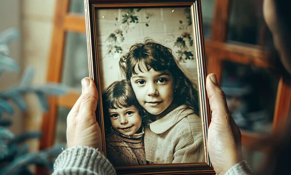 Hands holding an old family portrait in a decorative frame