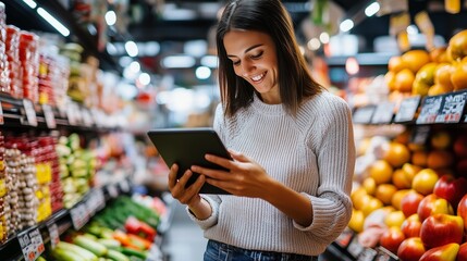 Young woman using tablet while shopping for groceries in a colorful supermarket aisle filled with fresh produce and packaged items